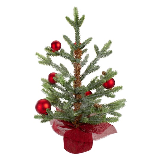 18" Unlit Pine & Red Ornaments Artificial Christmas Tree in Red Burlap Base By Northlight | Michaels®